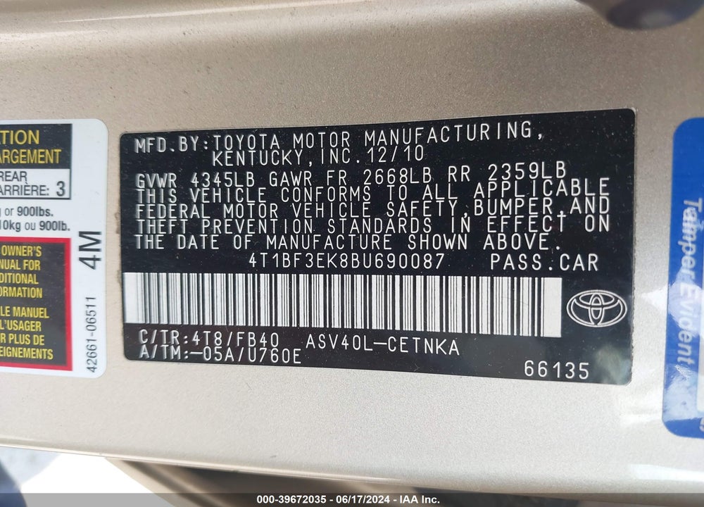 2011 TOYOTA CAMRY LE VIN: 4T1BF3EK8BU690087