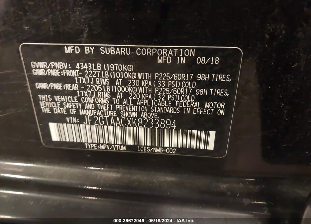 2019 SUBARU CROSSTREK 2.0I VIN: JF2GTAACXK8233894