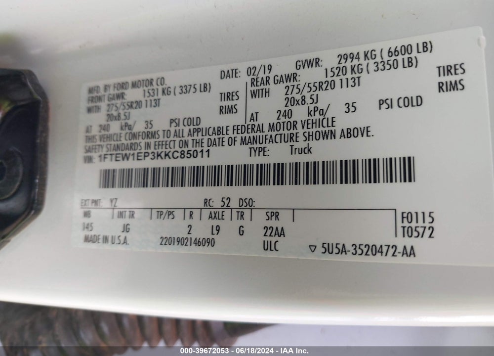 2019 FORD F-150 XL VIN: 1FTEW1EP3KKC85011