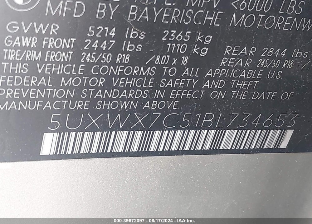 2011 BMW X3 XDRIVE35I VIN: 5UXWX7C51BL734653