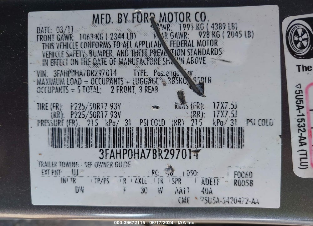 2011 FORD FUSION SE VIN: 3FAHP0HA7BR297014