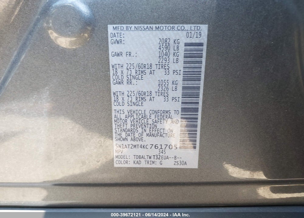2019 NISSAN ROGUE SV VIN: 5N1AT2MT4KC761705