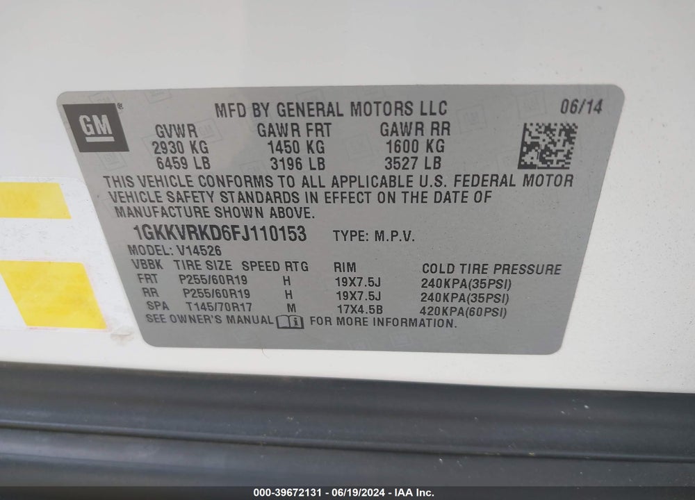 2015 GMC ACADIA SLT-1 VIN: 1GKKVRKD6FJ110153