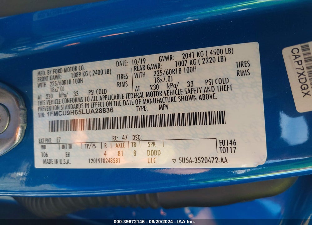 2020 FORD ESCAPE SEL VIN: 1FMCU9H65LUA28836
