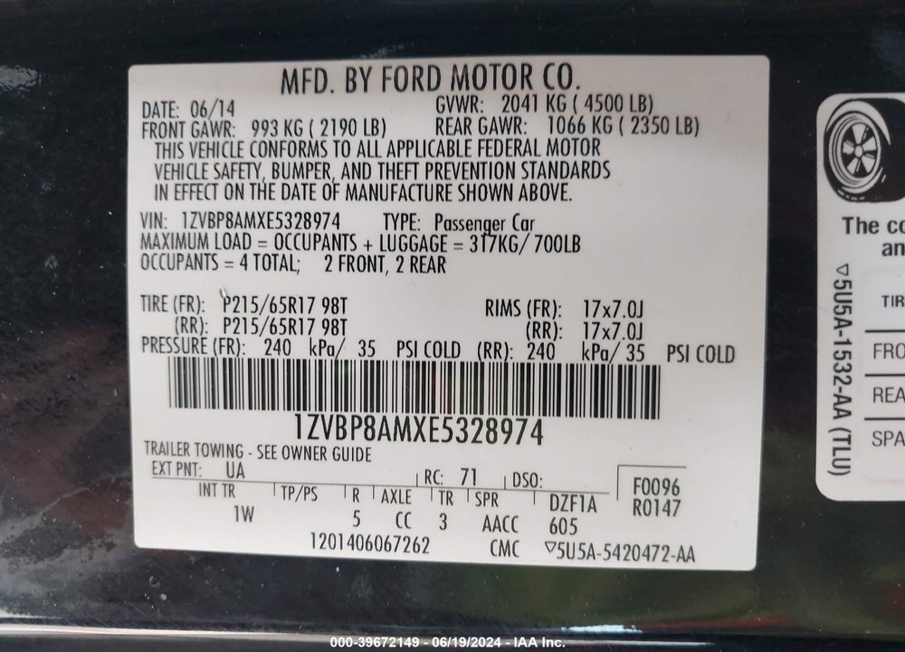 2014 FORD MUSTANG V6 VIN: 1ZVBP8AMXE5328974