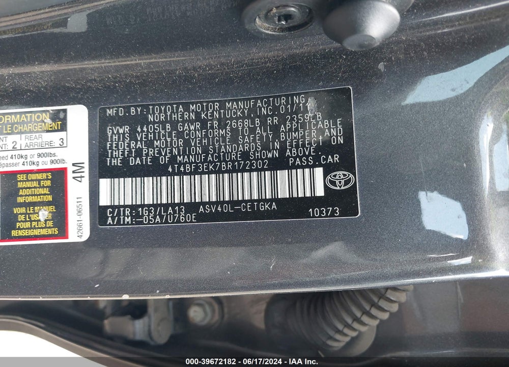2011 TOYOTA CAMRY XLE VIN: 4T4BF3EK7BR172302