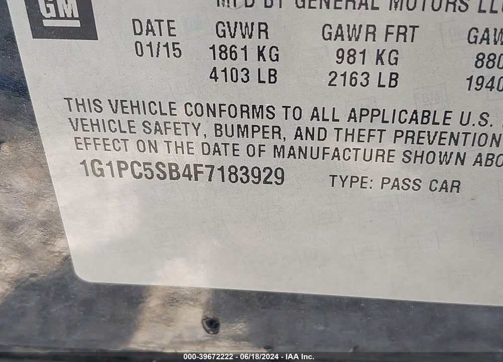 2015 CHEVROLET CRUZE 1LT AUTO VIN: 1G1PC5SB4F7183929