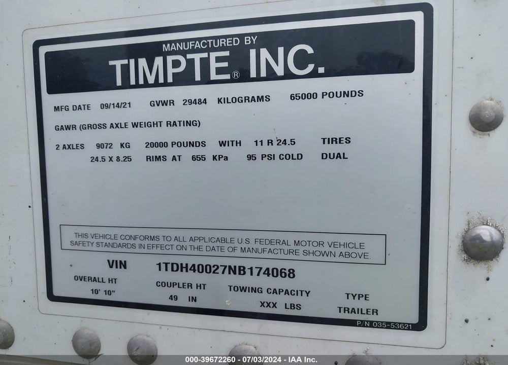 2022 TIMPTE --- VIN: 1TDH40027NB174068