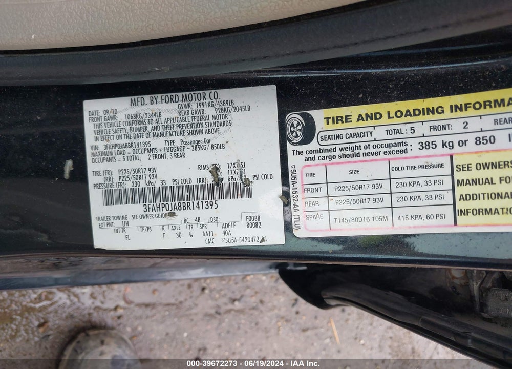 2011 FORD FUSION SEL VIN: 3FAHP0JA8BR141395