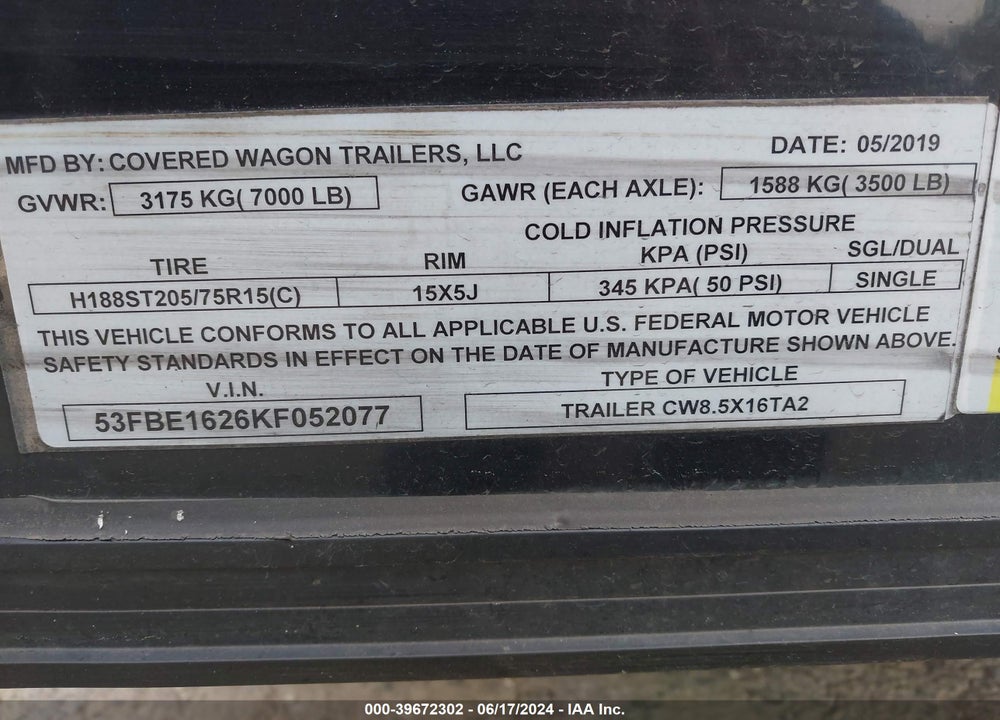 2019 COVERED WAGON ENCLOSED BOX VIN: 53FBE1626KF052077