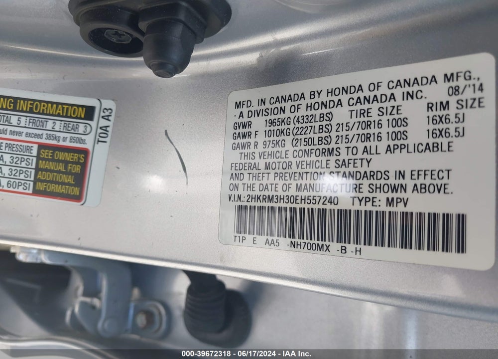 2014 HONDA CR-V LX VIN: 2HKRM3H30EH557240