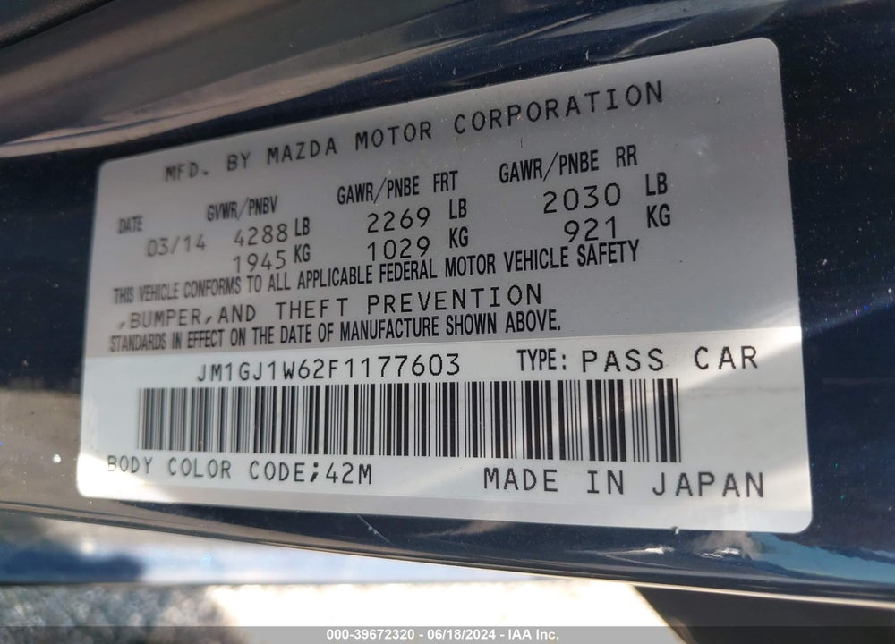 2015 MAZDA 6 I GRAND TOURING VIN: JM1GJ1W62F1177603
