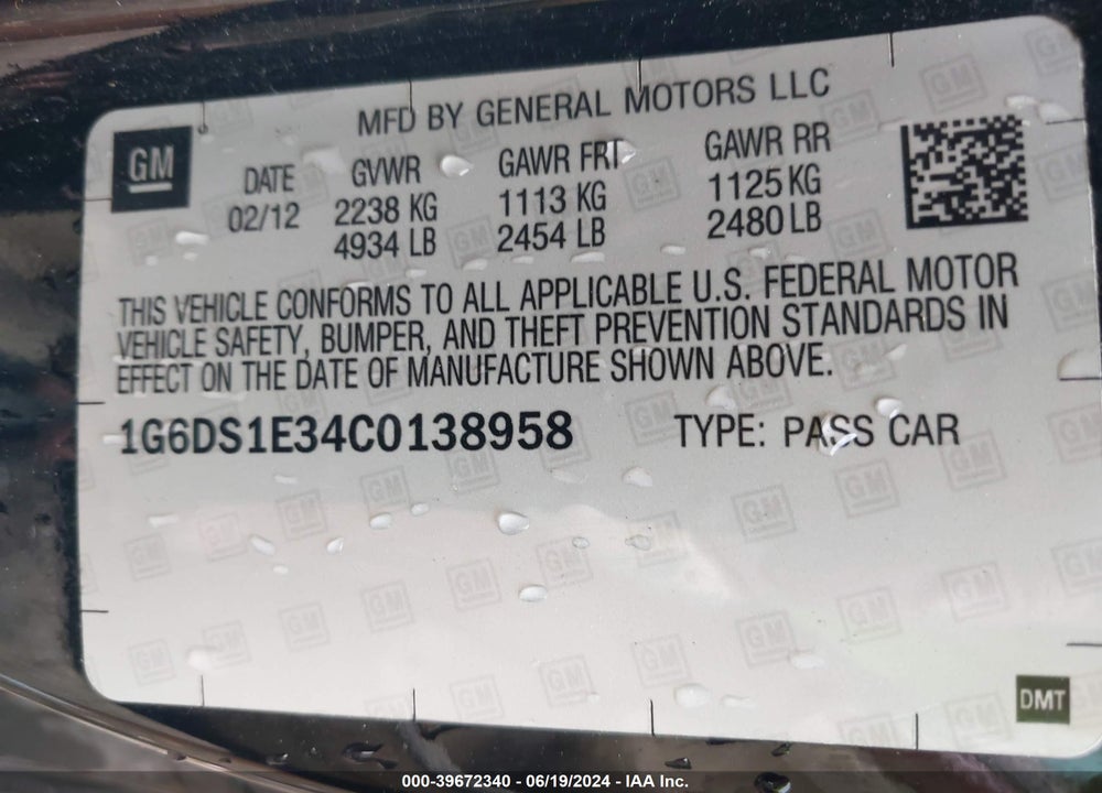 2012 CADILLAC CTS PREMIUM VIN: 1G6DS1E34C0138958