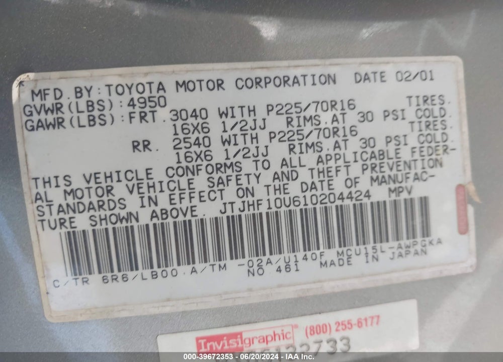 2001 LEXUS RX 300 VIN: JTJHF10U610204424