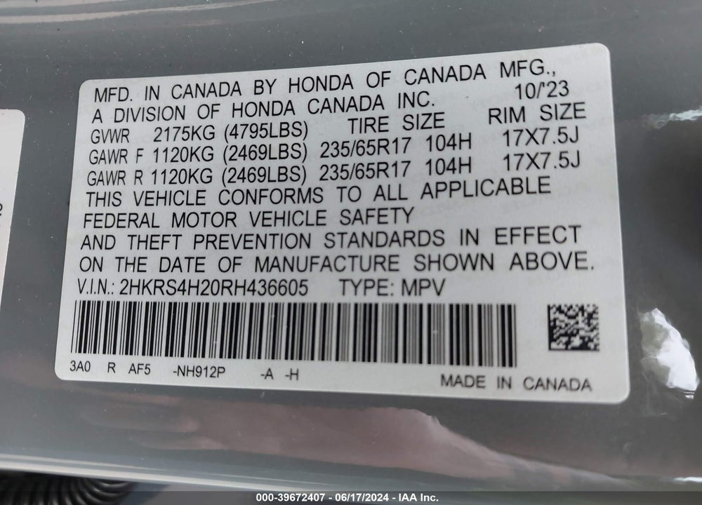 2024 HONDA CR-V LX AWD VIN: 2HKRS4H20RH436605