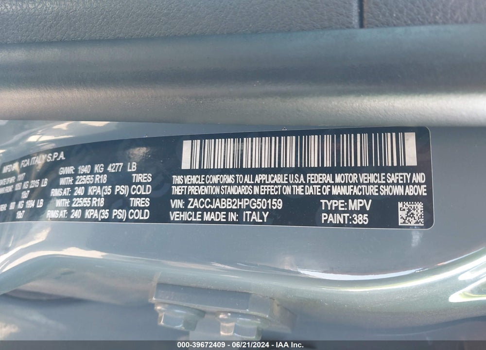 2017 JEEP RENEGADE ALTITUDE FWD VIN: ZACCJABB2HPG50159