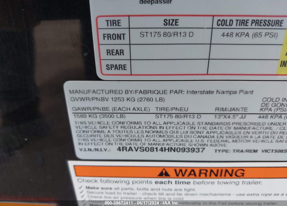 2017 INTERSTATE WEST CORP --- VIN: 4RAVS0814HN093937