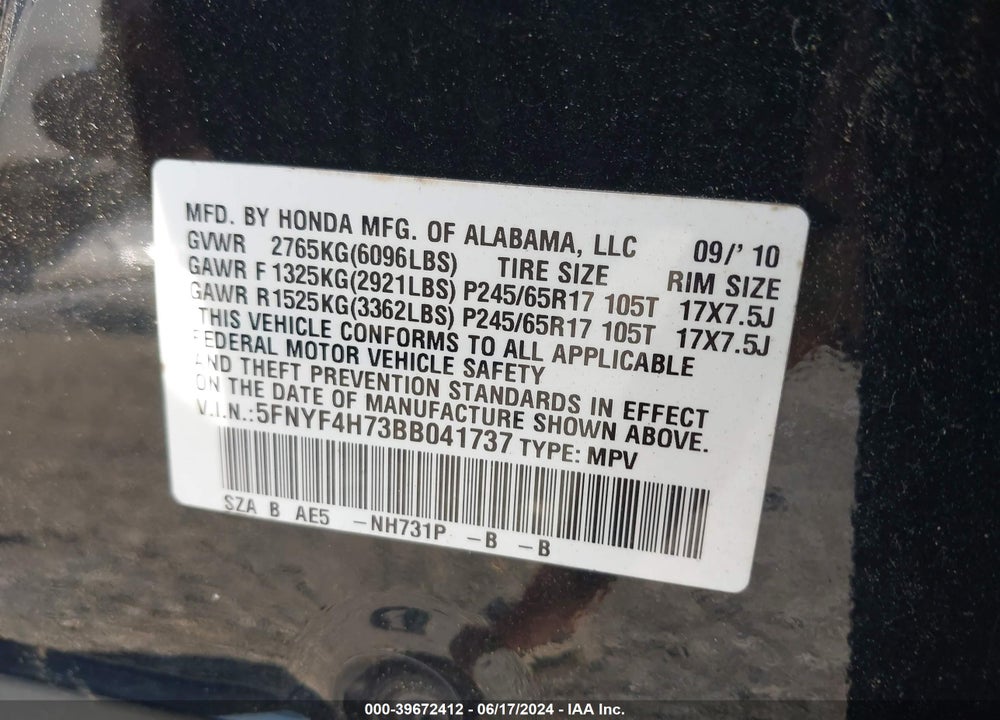 2011 HONDA PILOT EX-L VIN: 5FNYF4H73BB041737