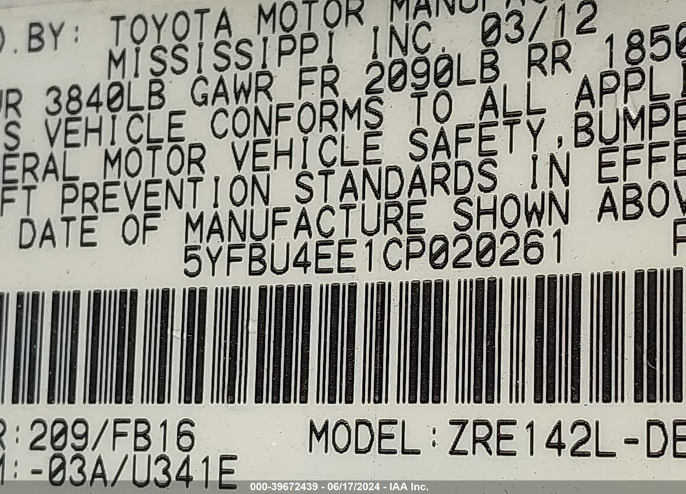 2012 TOYOTA COROLLA LE VIN: 5YFBU4EE1CP020261