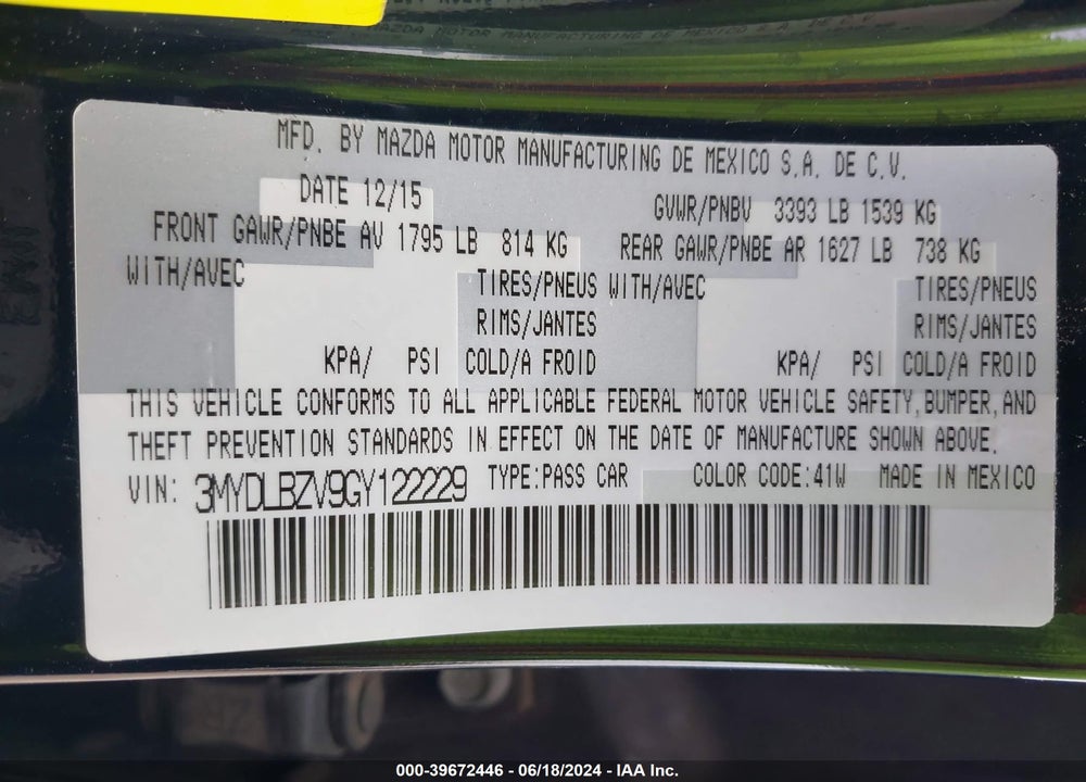 2016 SCION IA VIN: 3MYDLBZV9GY122229