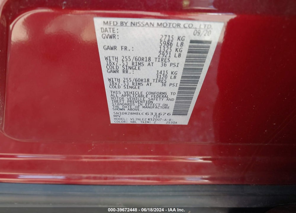 2020 NISSAN PATHFINDER SV 4WD VIN: 5N1DR2BM8LC631676
