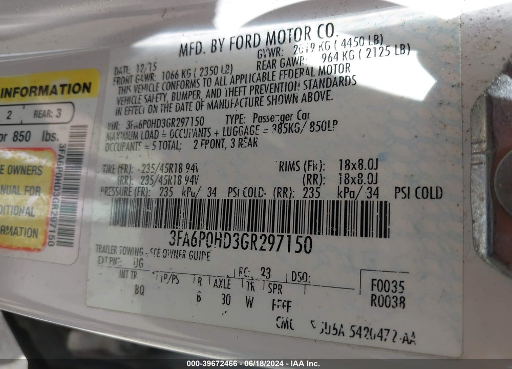 2016 FORD FUSION SE VIN: 3FA6P0HD3GR297150