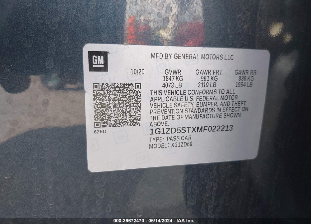2021 CHEVROLET MALIBU FWD LT VIN: 1G1ZD5STXMF022213
