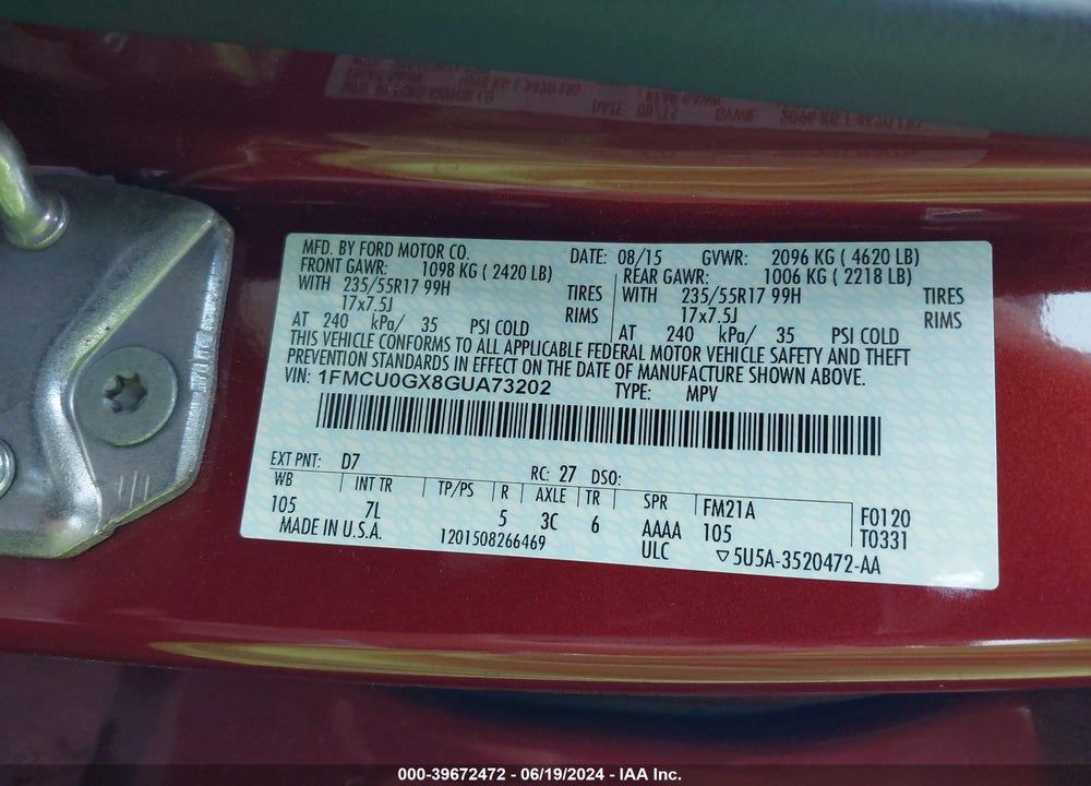 2016 FORD ESCAPE SE VIN: 1FMCU0GX8GUA73202
