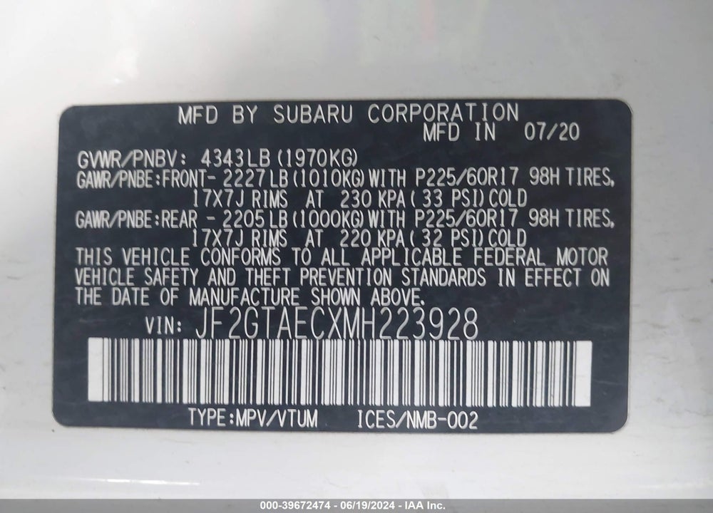 2021 SUBARU CROSSTREK PREMIUM VIN: JF2GTAECXMH223928