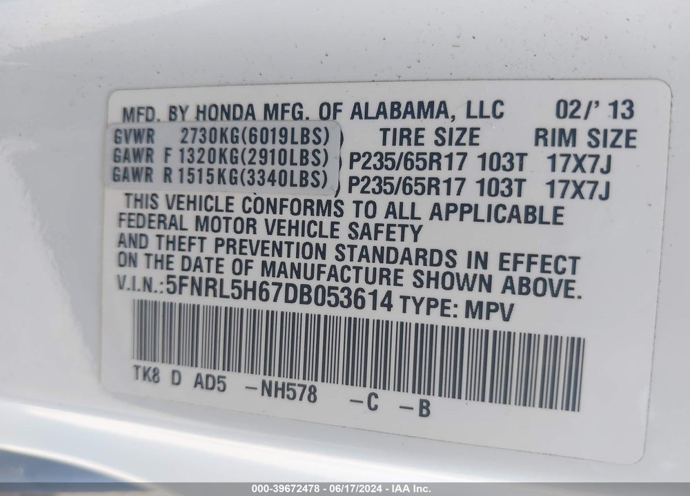 2013 HONDA ODYSSEY EX-L VIN: 5FNRL5H67DB053614