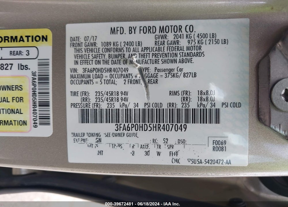 2017 FORD FUSION SE VIN: 3FA6P0HD5HR407049
