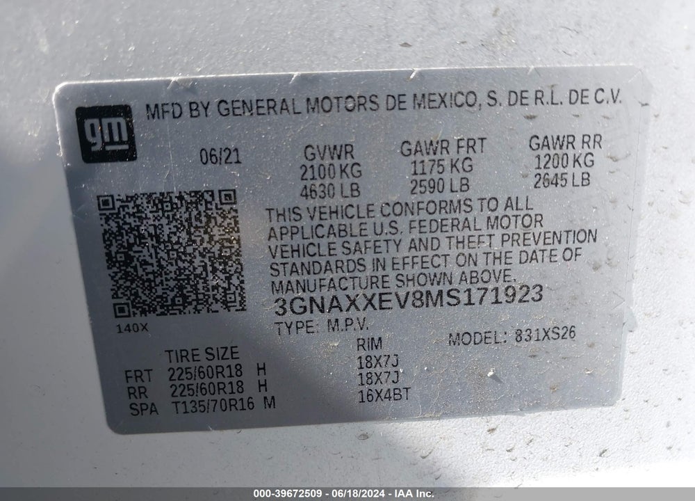 2021 CHEVROLET EQUINOX AWD PREMIER VIN: 3GNAXXEV8MS171923