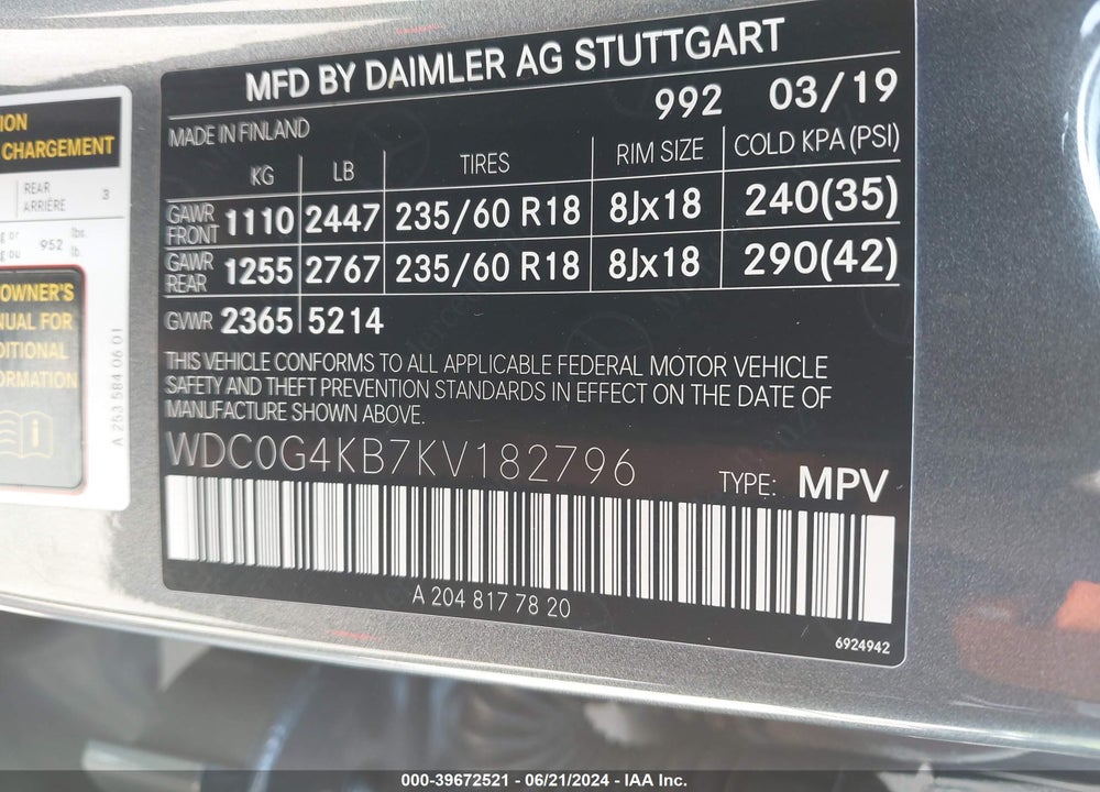 2019 MERCEDES-BENZ GLC 300 VIN: WDC0G4KB7KV182796