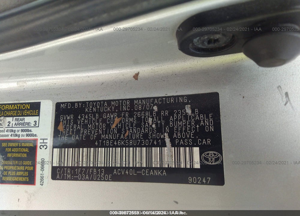 2008 TOYOTA CAMRY LE VIN: 4T1BE46K58U730741