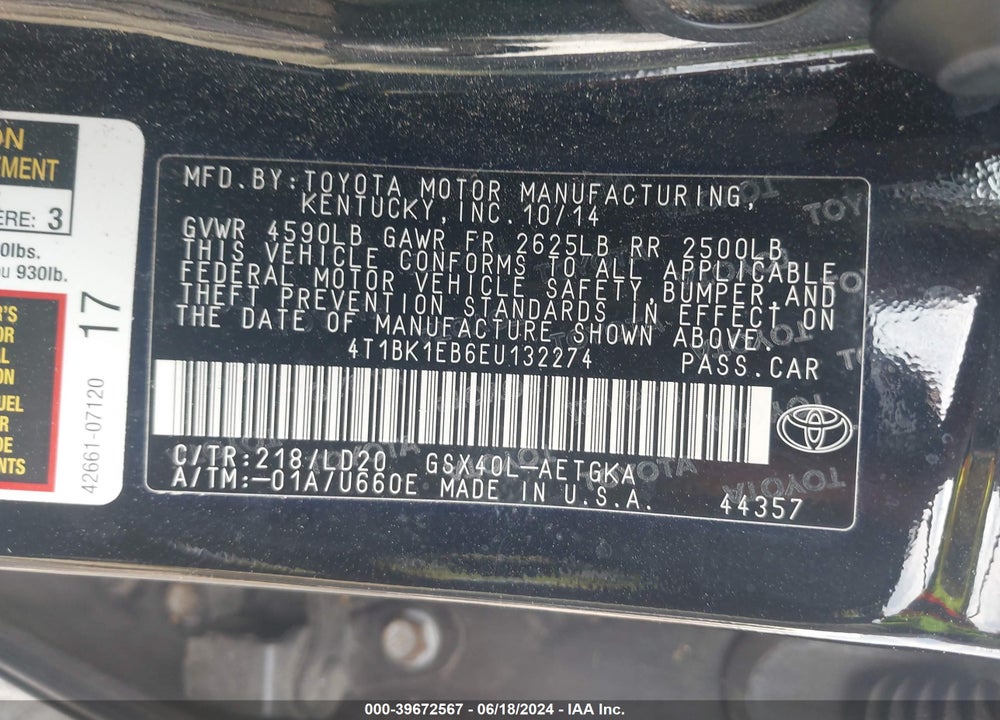 2014 TOYOTA AVALON XLE VIN: 4T1BK1EB6EU132274
