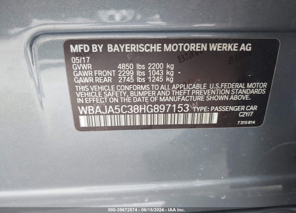 2017 BMW 530I VIN: WBAJA5C38HG897153