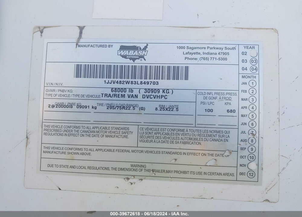 2003 WABASH NATIONAL CORP OTHER VIN: 1JJV482W83L849703