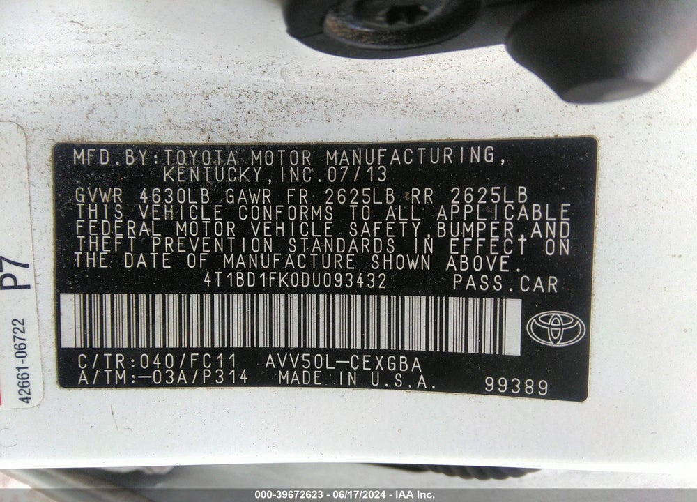 2013 TOYOTA CAMRY HYBRID XLE VIN: 4T1BD1FK0DU093432