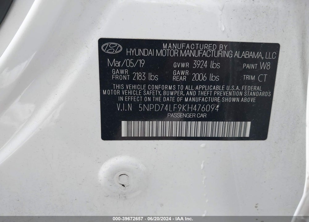 2019 HYUNDAI ELANTRA SE VIN: 5NPD74LF9KH476094