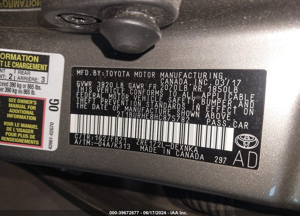 2017 TOYOTA COROLLA LE VIN: 2T1BURHE8HC875782