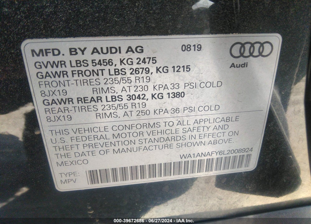 2020 AUDI Q5 PREMIUM 45 TFSI QUATTRO S TRONIC VIN: WA1ANAFY6L2008924