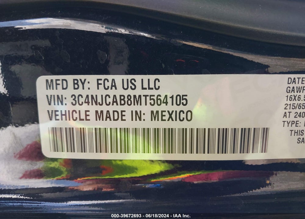 2021 JEEP COMPASS SPORT FWD VIN: 3C4NJCAB8MT564105