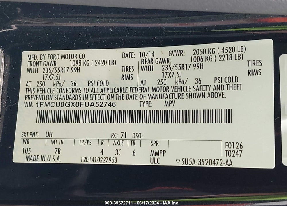 2015 FORD ESCAPE SE VIN: 1FMCU0GX0FUA52746