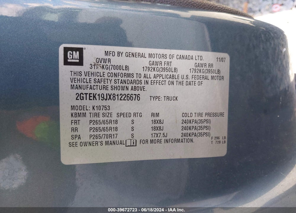 2008 GMC SIERRA 1500 SLT VIN: 2GTEK19JX81226676