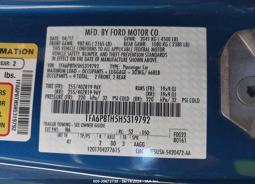 2017 FORD MUSTANG ECOBOOST VIN: 1FA6P8TH5H5319792