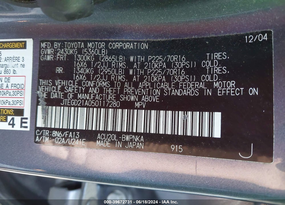 2005 TOYOTA HIGHLANDER VIN: JTEGD21A050117280