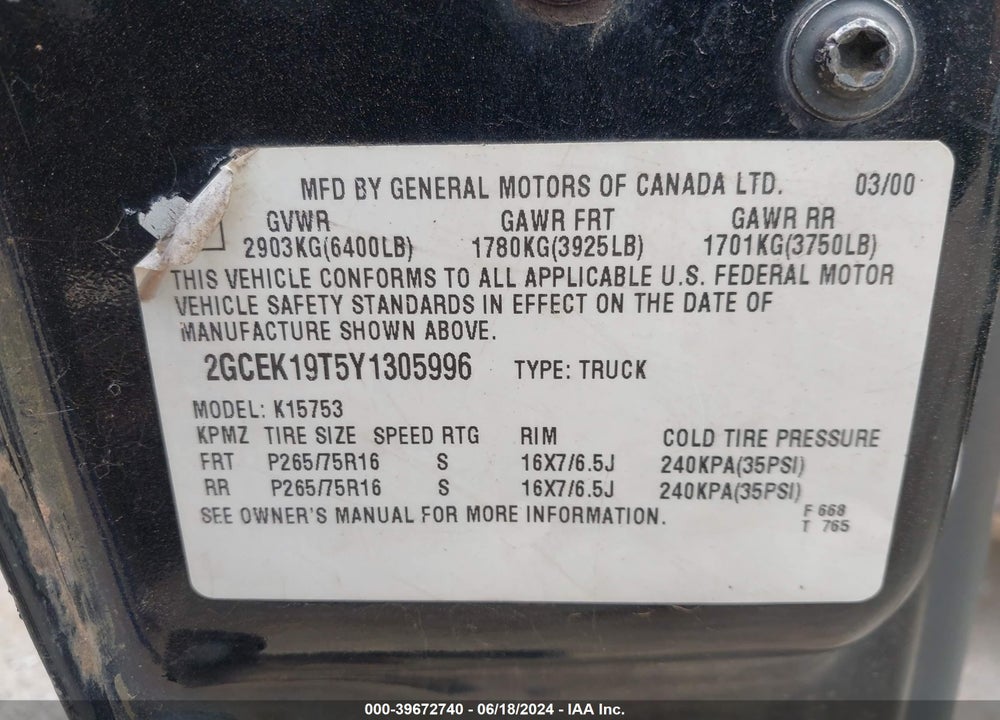 2000 CHEVROLET SILVERADO 1500 VIN: 2GCEK19T5Y1305996
