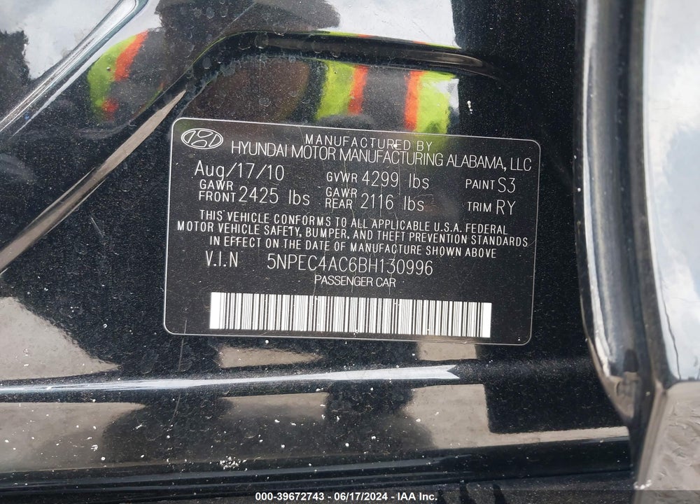 2011 HYUNDAI SONATA SE VIN: 5NPEC4AC6BH130996