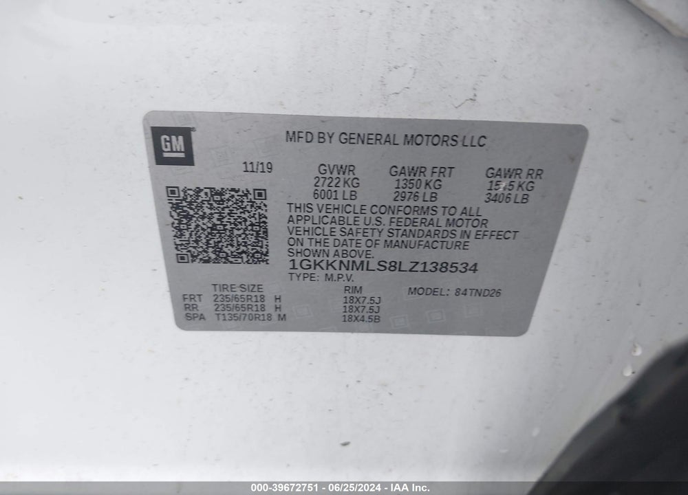 2020 GMC ACADIA FWD SLT VIN: 1GKKNMLS8LZ138534