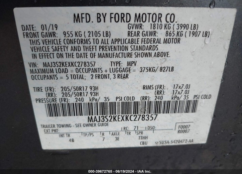 2019 FORD ECOSPORT TITANIUM VIN: MAJ3S2KEXKC278357